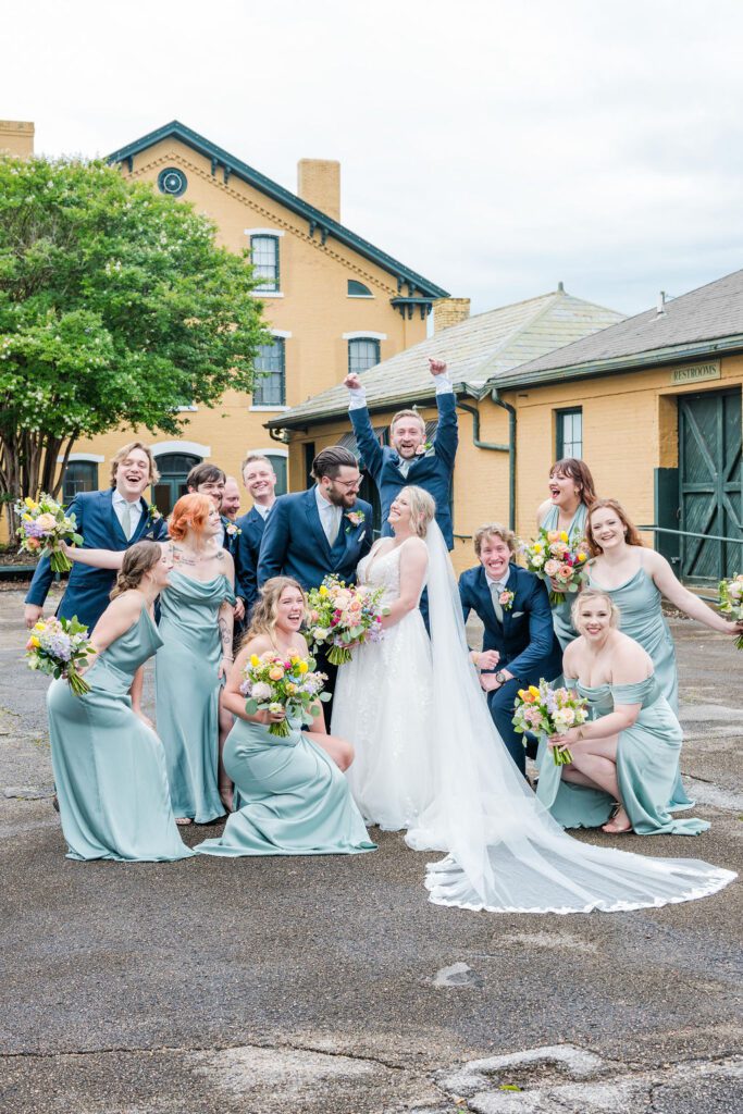 bridal party at The Roundhouse Wedding venue in Huntsville